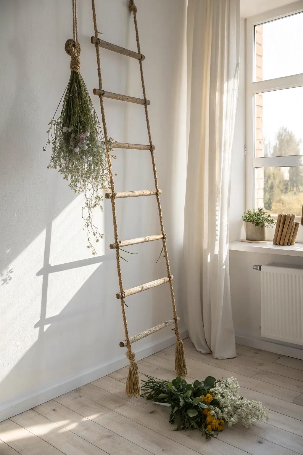 A hanging ladder turns wildflower drying into airy, rustic ceiling art with minimal fuss.