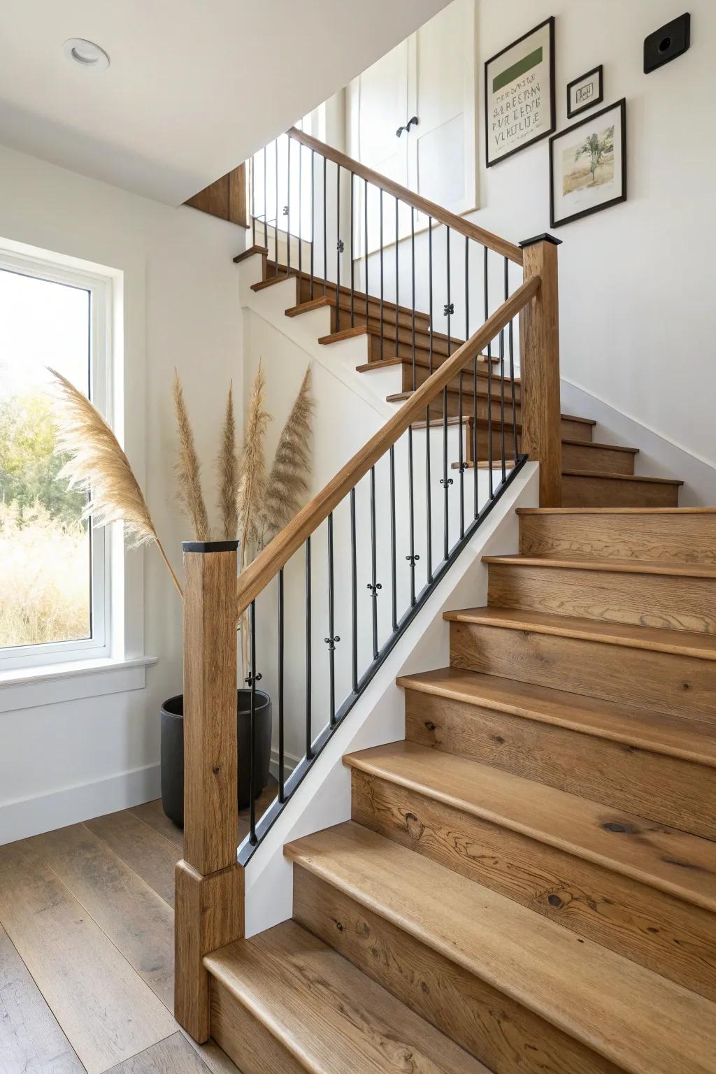 Warm oak treads + sleek black balusters for a crisp, modern farmhouse stair upgrade.