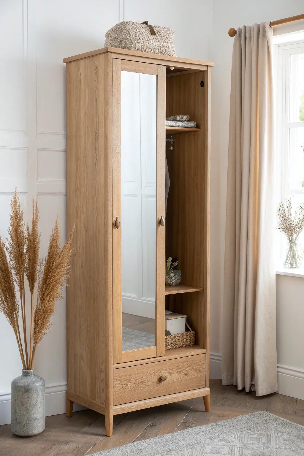 A full-length mirror that swings open to reveal hidden hooks—coat storage that feels like magic.