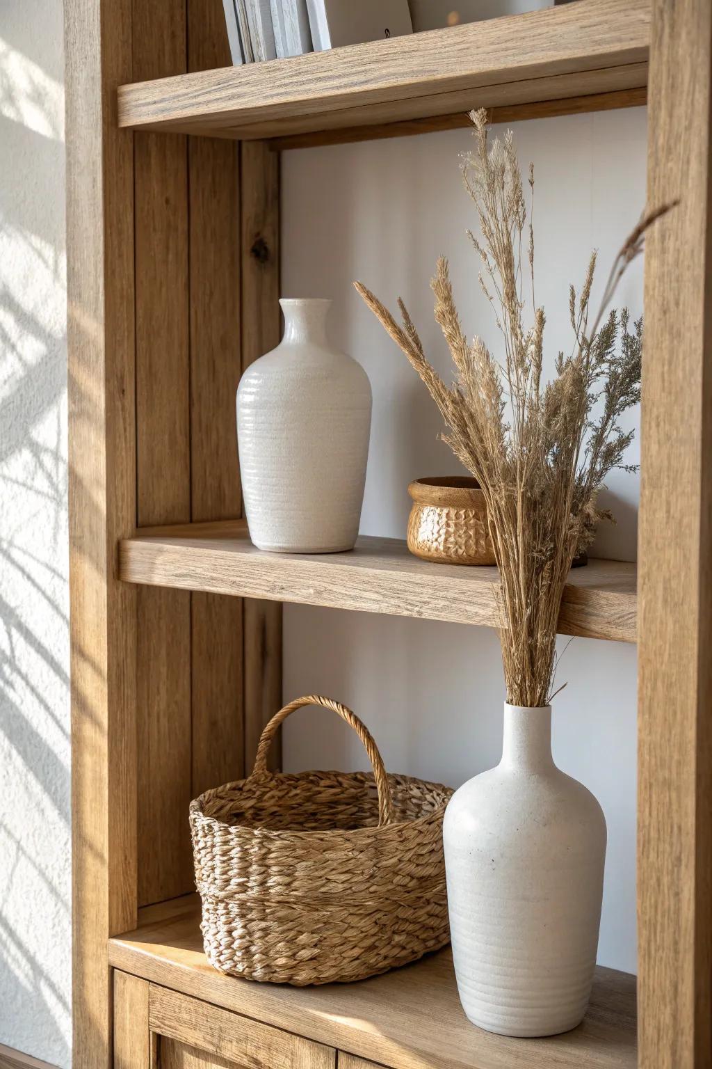 Simple symmetry on a high built-in shelf: matching vases and a woven basket for calm balance.