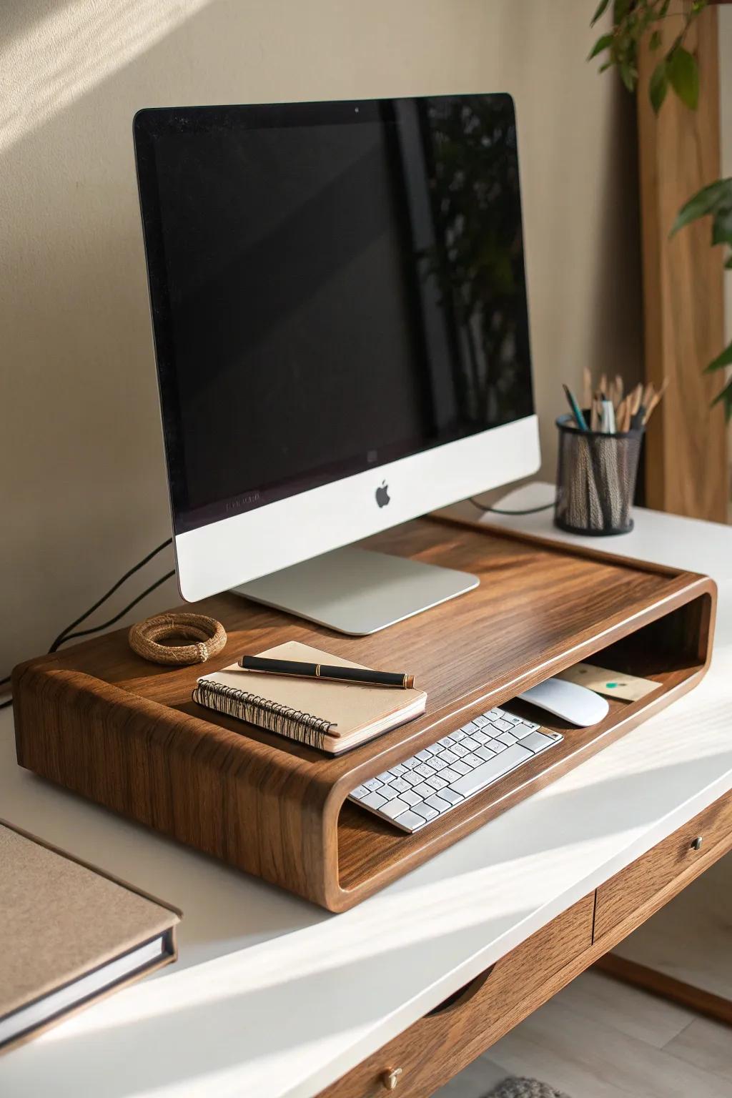 A walnut monitor riser that lifts your screen and hides notebooks + chargers in style.
