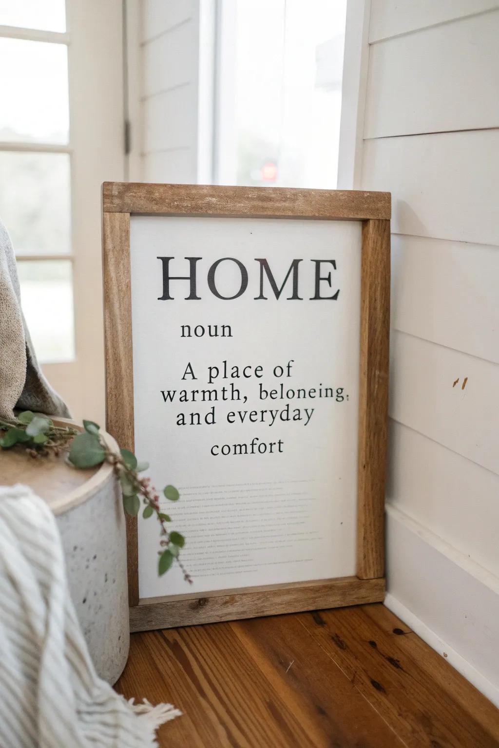 A cozy dictionary-style HOME sign—softly distressed, minimalist, and full of warm meaning.