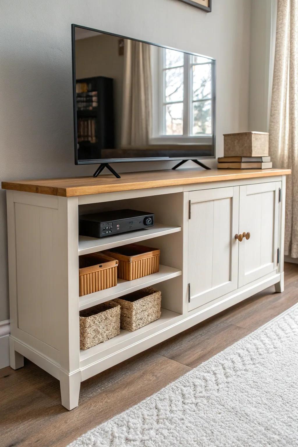 Two-tone media cabinet: warm stained oak top + soft painted base for a refined TV wall.