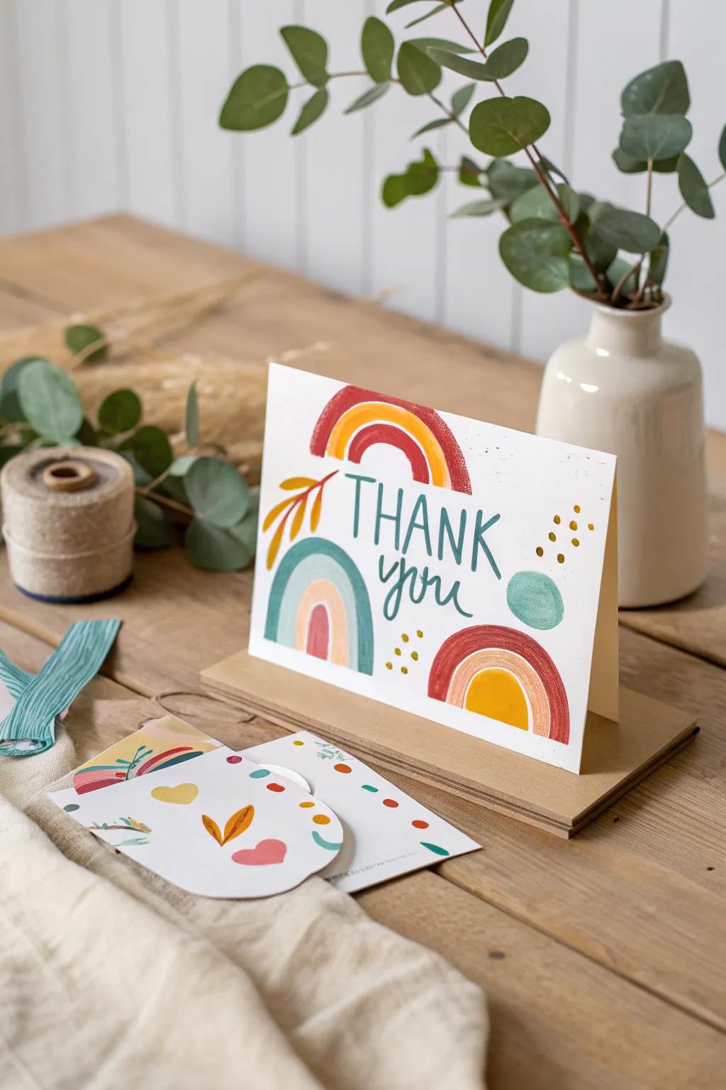 Crafting gratitude: A toddler's touch on a minimalist thank you card.