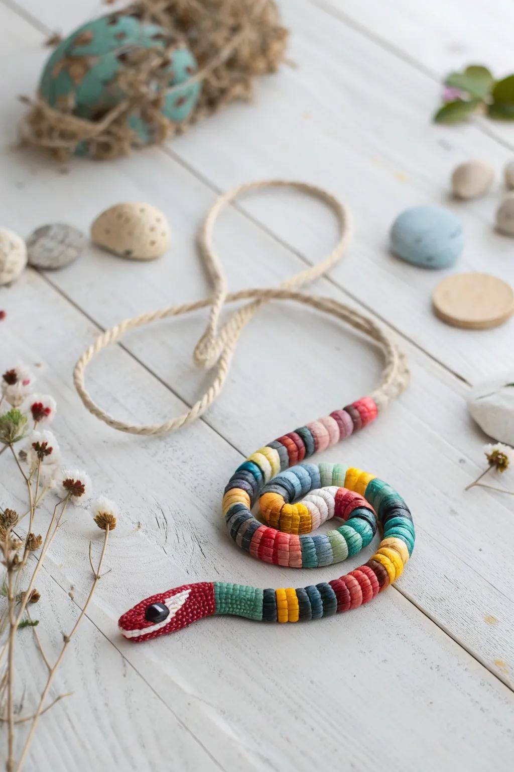 Transform recycled bottle caps into a playful snake toy with a touch of Scandinavian-Boho charm!