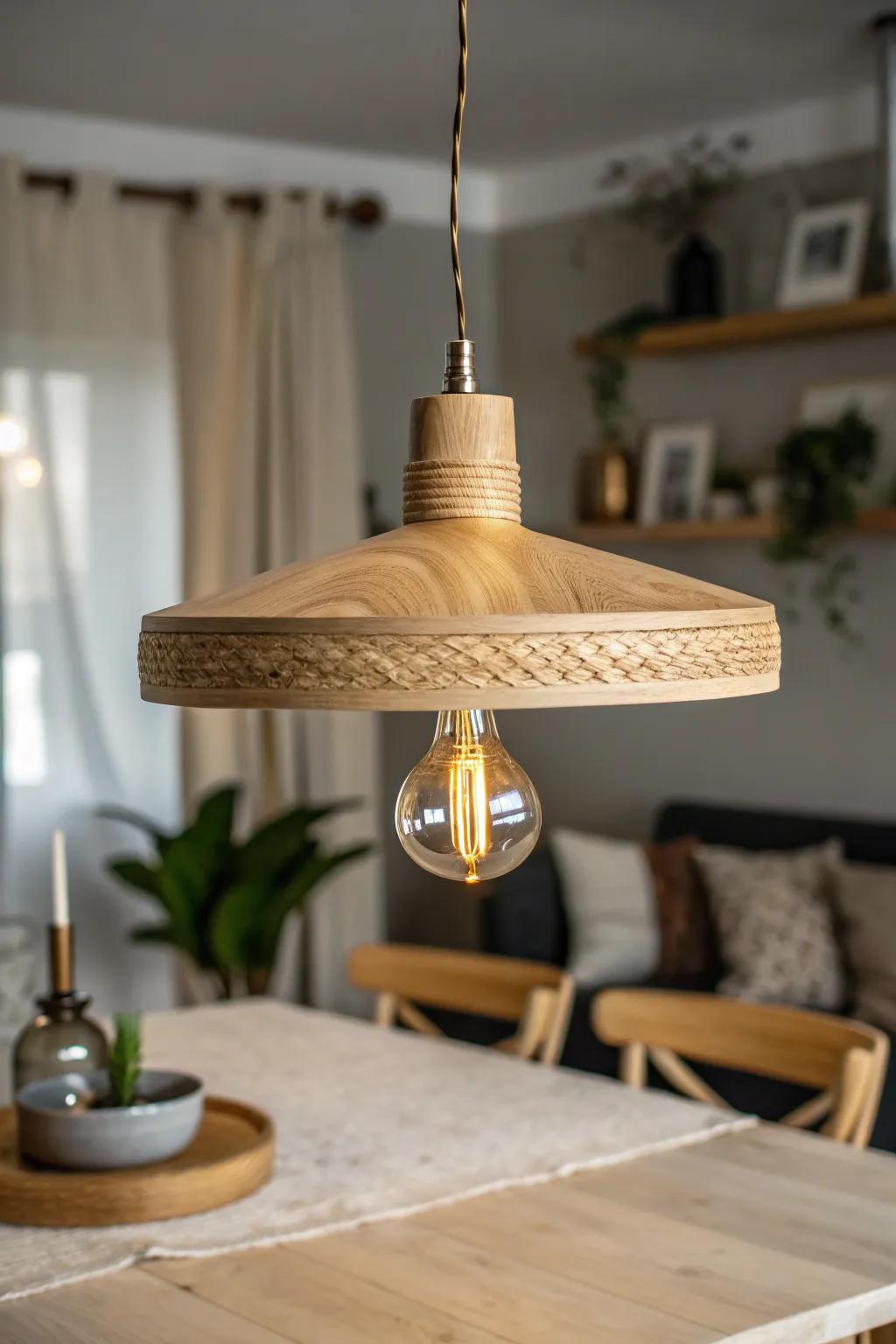 A warm wooden pendant light that brightens homeschool crafts without losing dinnertime coziness.