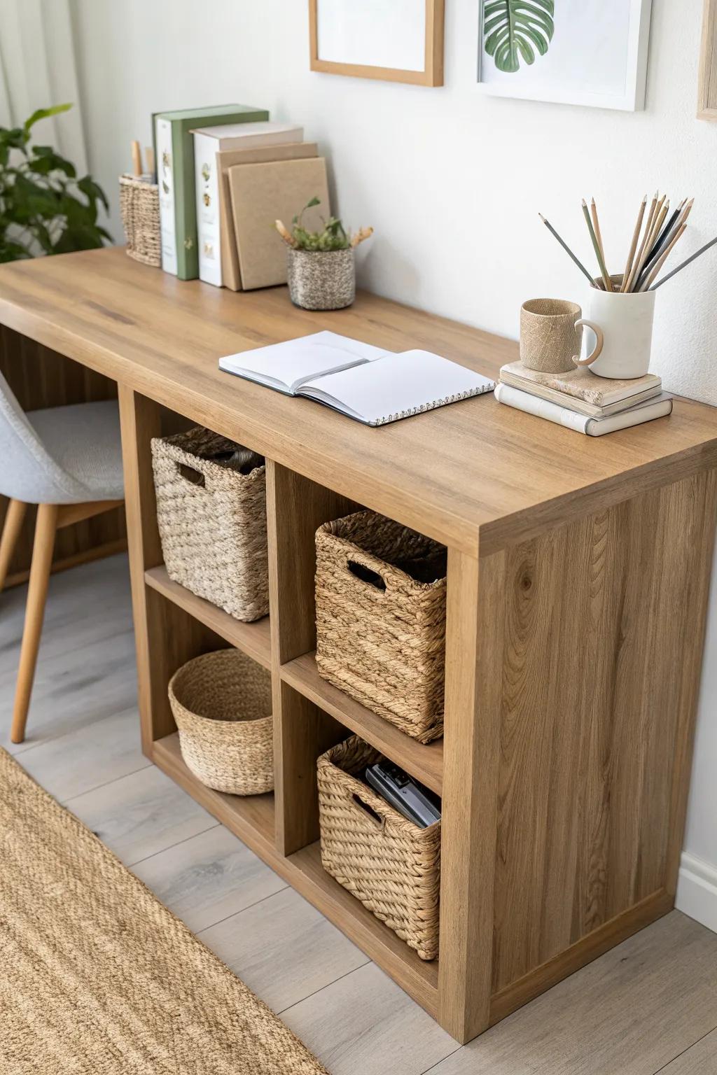 Cube storage desk bases add homeschool order—beautiful wood, baskets, and a clutter-free top.