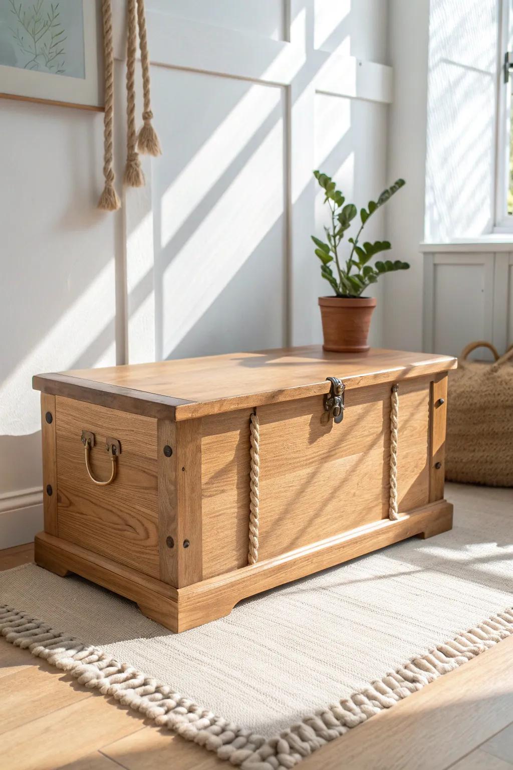 Rustic rope handles give this minimalist hope chest a vintage trunk feel—easy to lift, too.