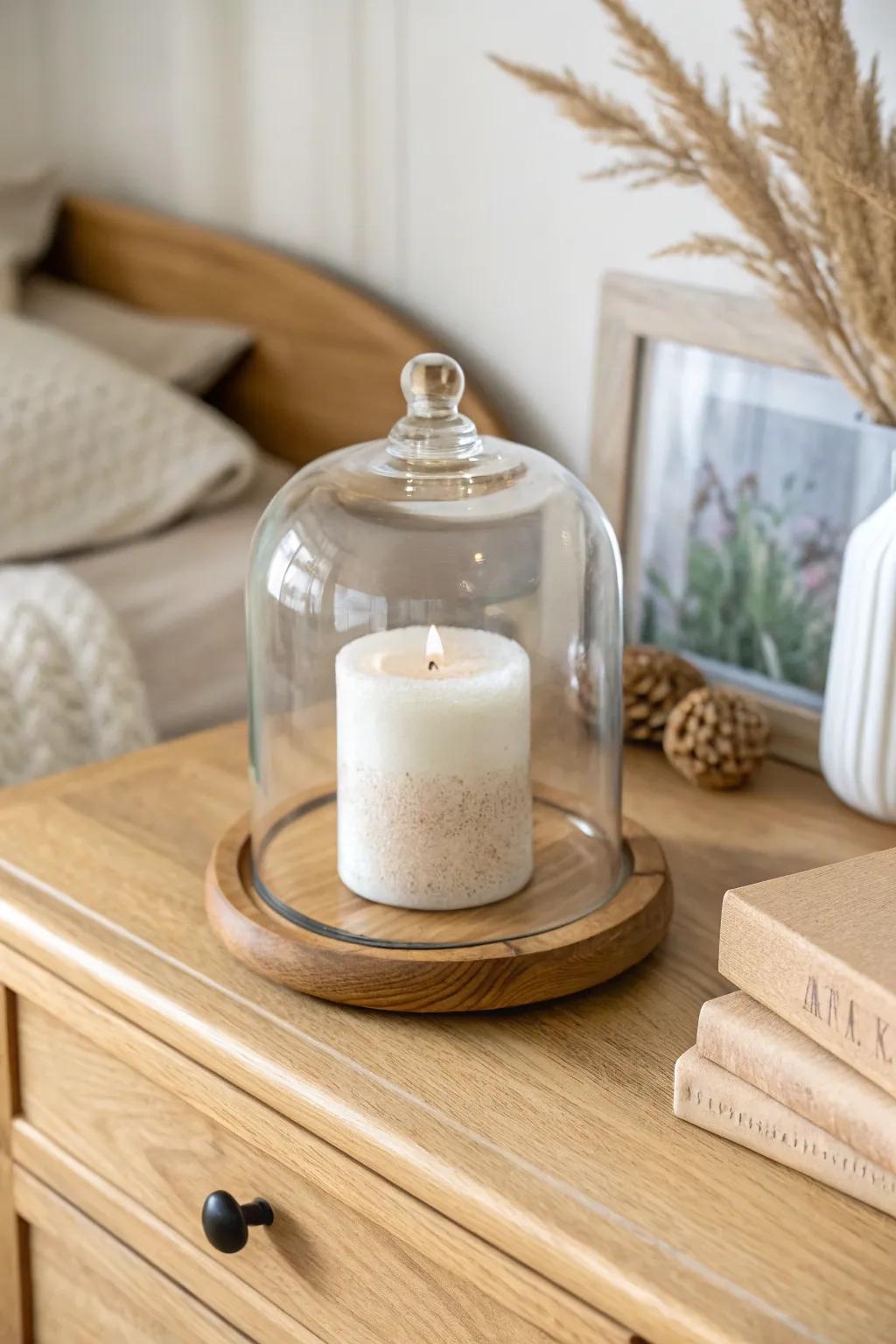 Matte ceramic under clear glass on warm wood—an effortless dresser-top centerpiece.