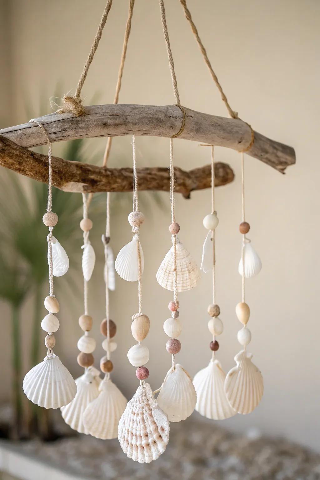 Bring coastal tranquility to your home with a beautifully crafted seashell driftwood mobile, perfect for a serene and stylish bathroom decor.
