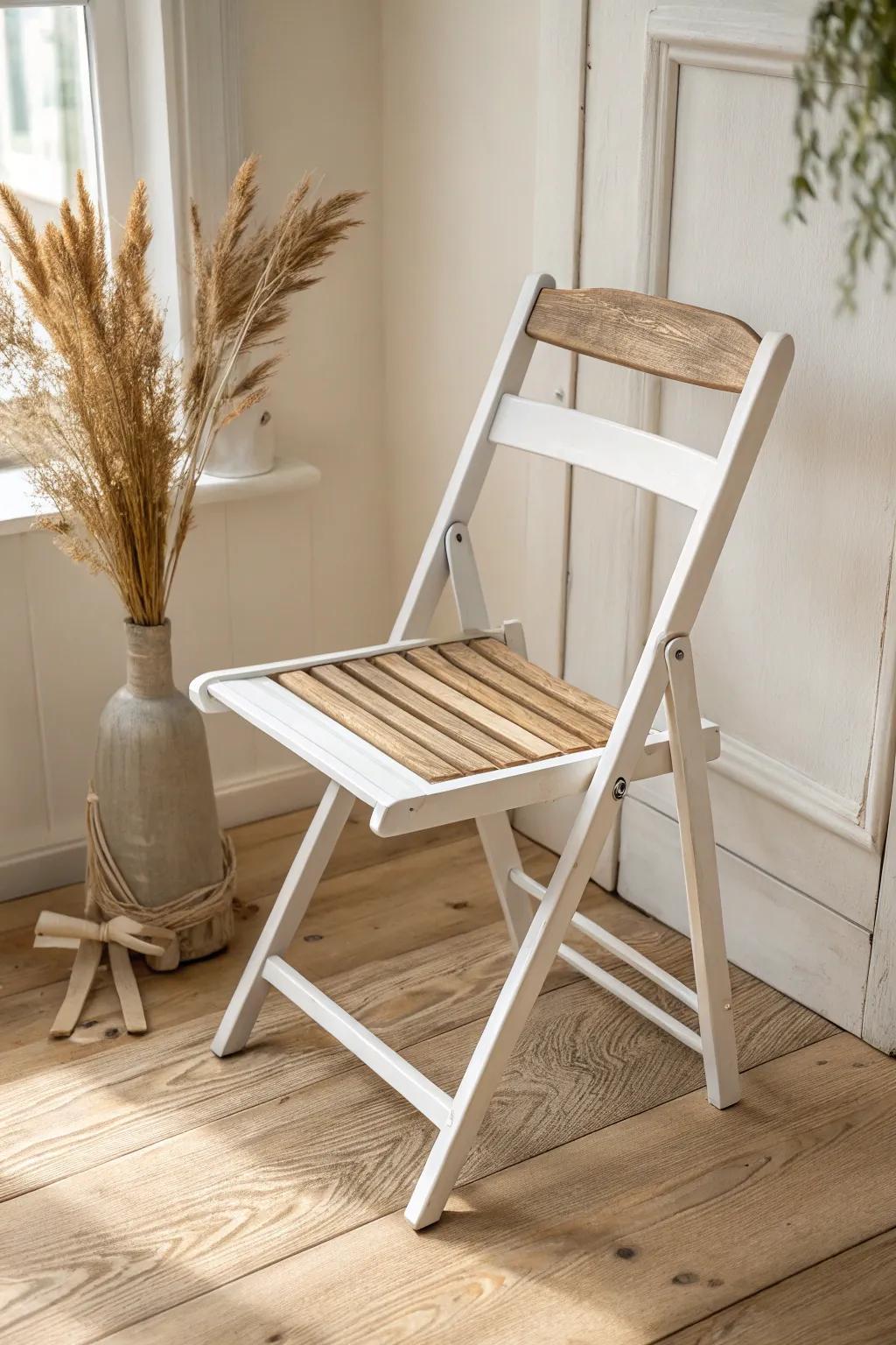 Fresh matte spray paint transforms a worn folding chair into a chic, event-ready accent.