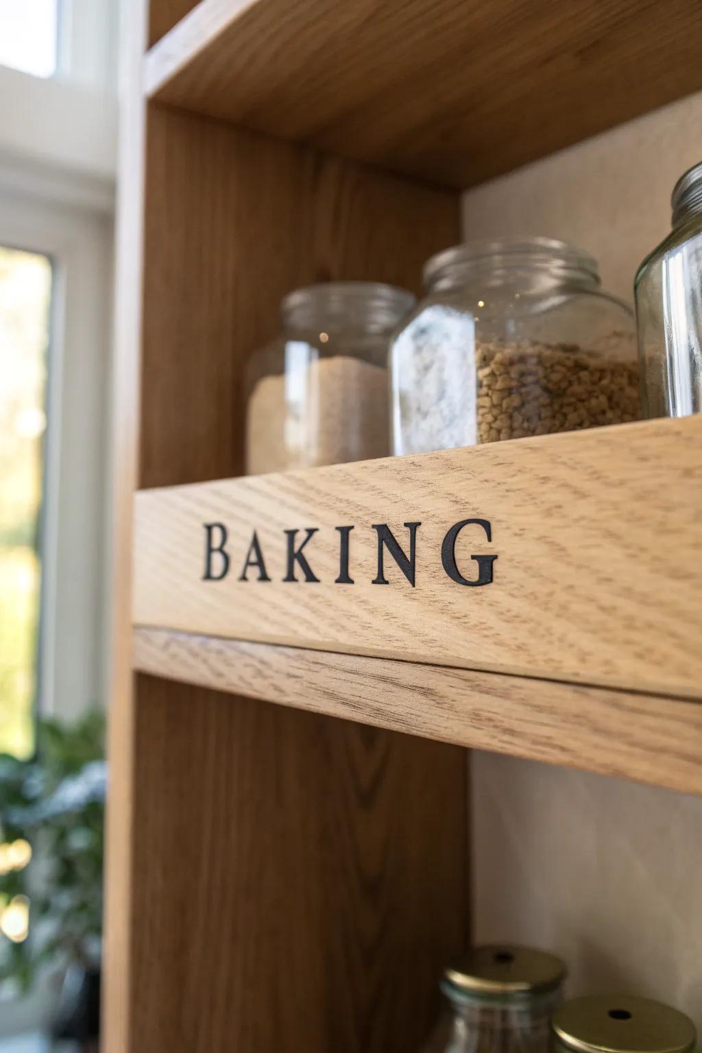 Label the shelf edge with bold categories so deep shelves stay organized—no lost bins.