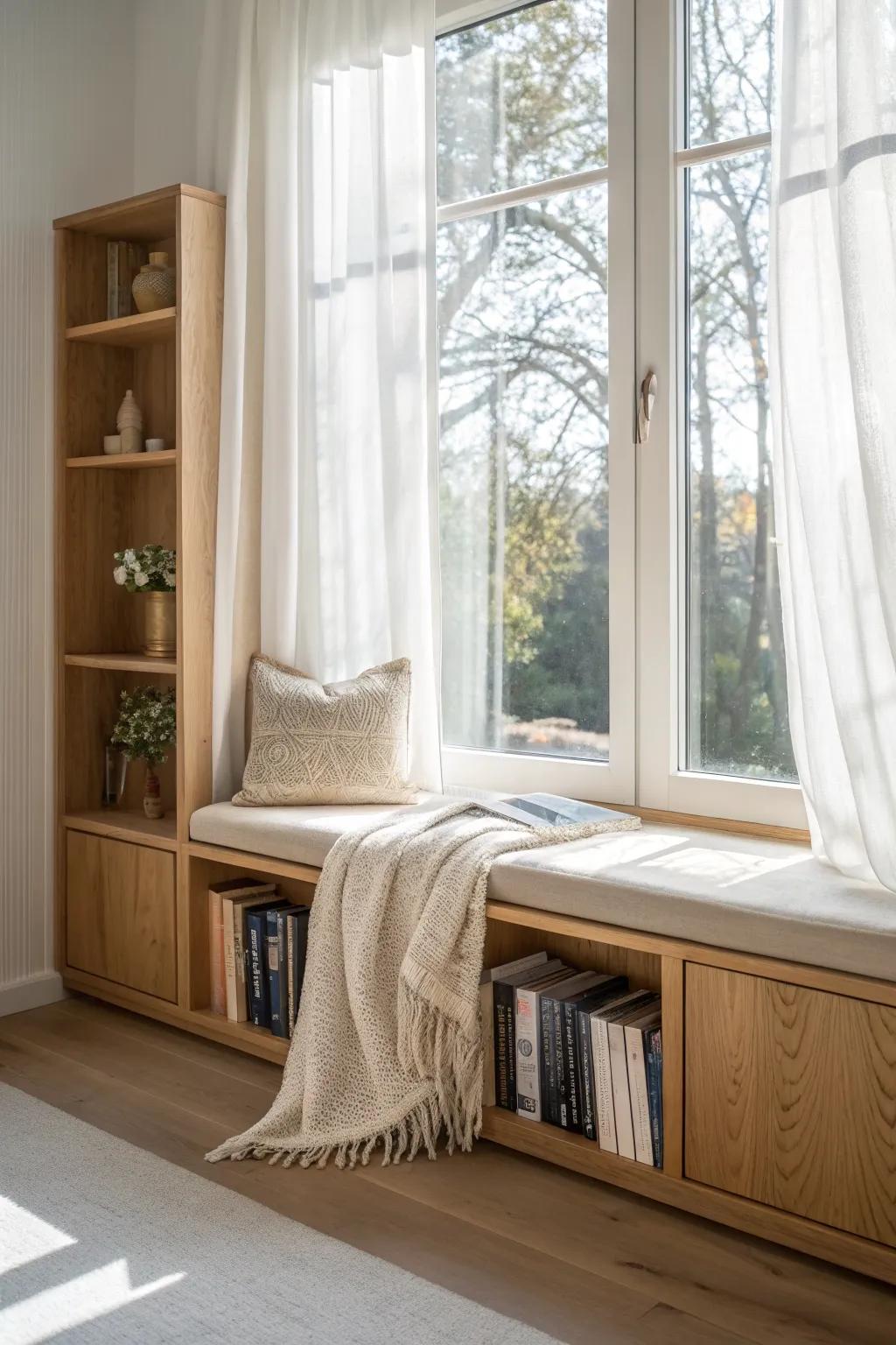 A cozy window seat with built-in book cubbies—smart storage and a serene reading nook.