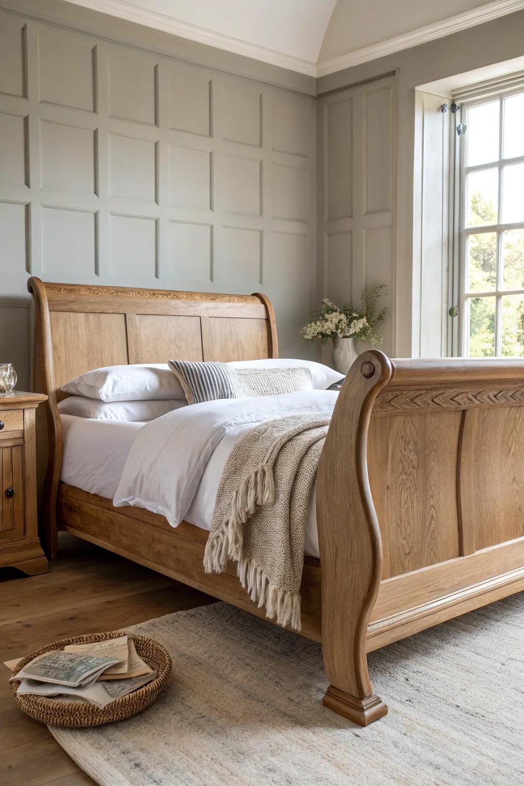 Let your sleigh bed shine—soft neutral walls make the warm wood curves feel sculptural.
