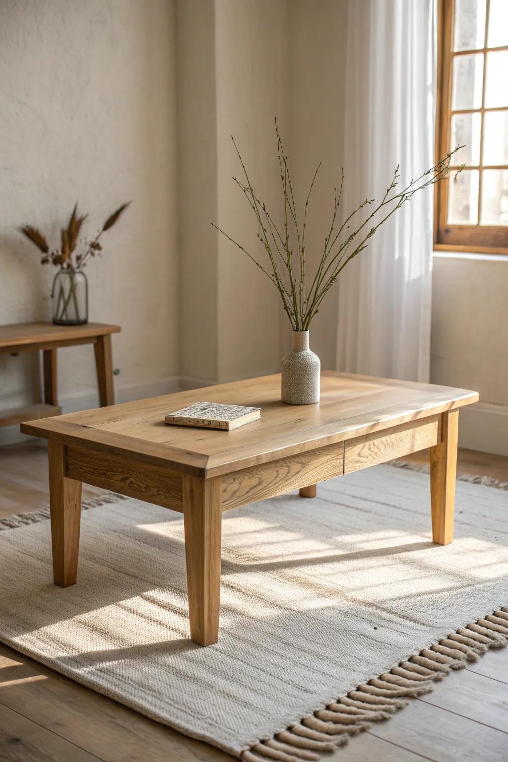 A low oak coffee table that grounds the room—simple, warm, and effortlessly hygge.