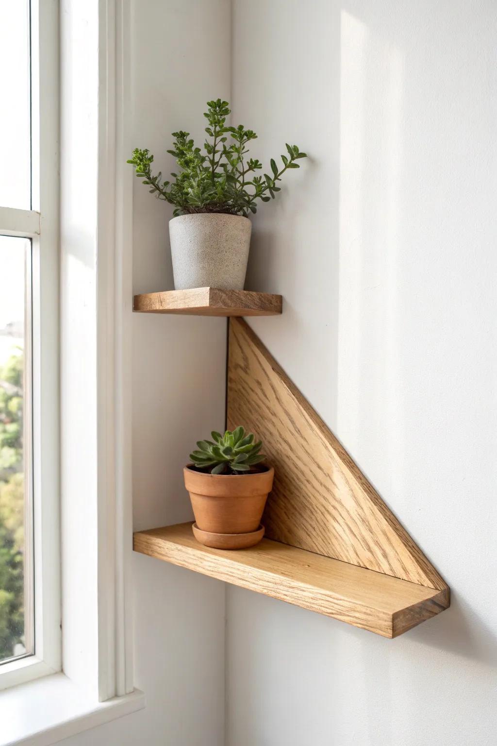 A simple oak corner shelf that turns an awkward nook into a light-filled plant spot.