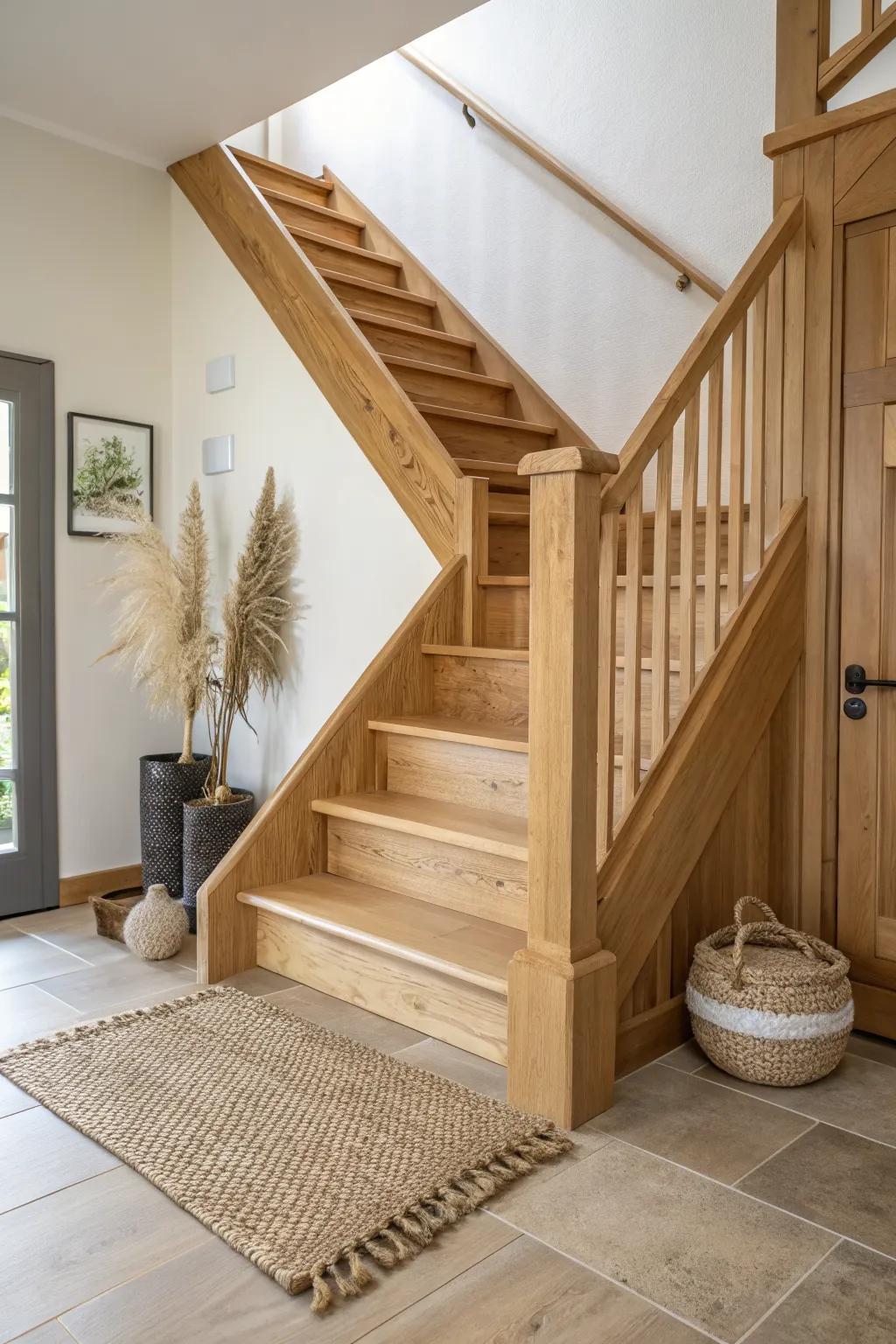 Closed-riser oak stairs: a safer, solid alternative to spiral steps for kids and pets.