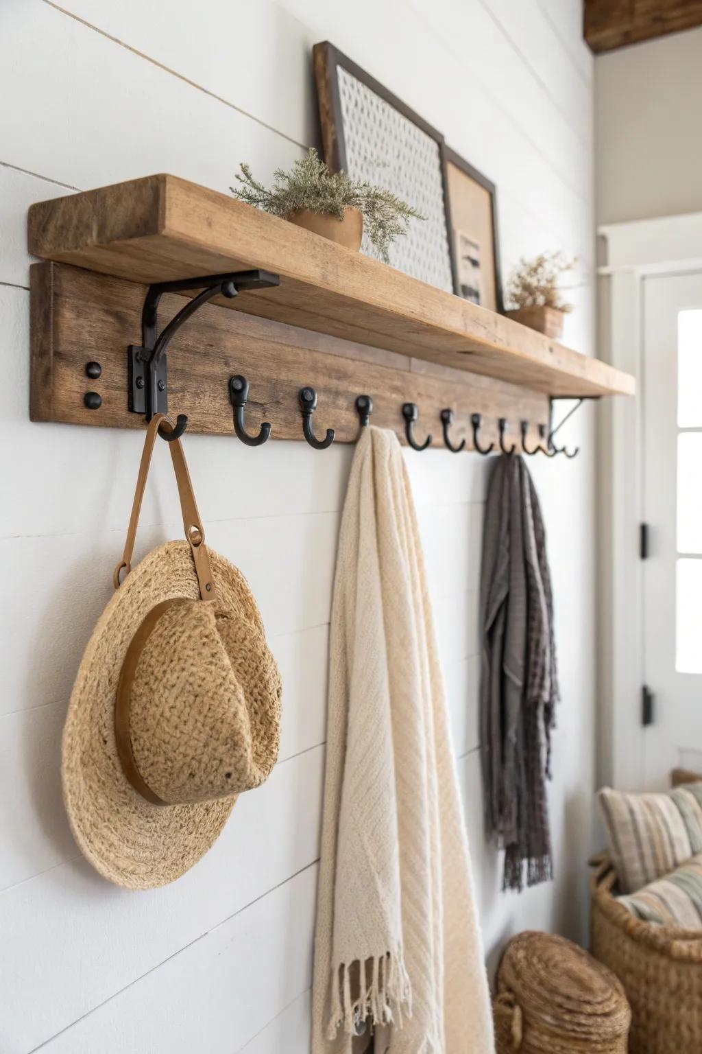 Reclaimed wood + matte black hooks: the entryway shelf that makes every arrival feel calm.