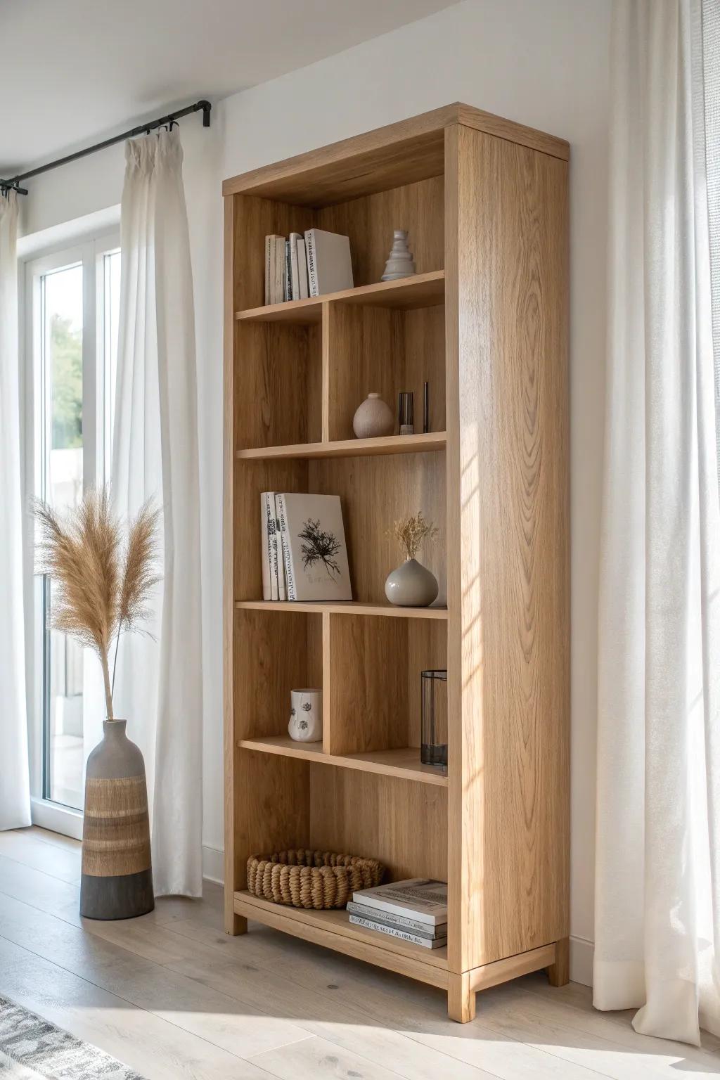 Airy oak room-divider bookshelf with pass-through cubbies—zones your space without closing it in.