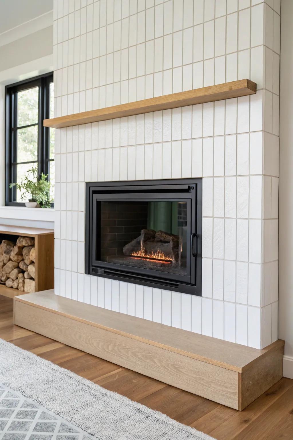 Crisp tile framing makes an inset fireplace look custom—clean lines, warm wood, high contrast.