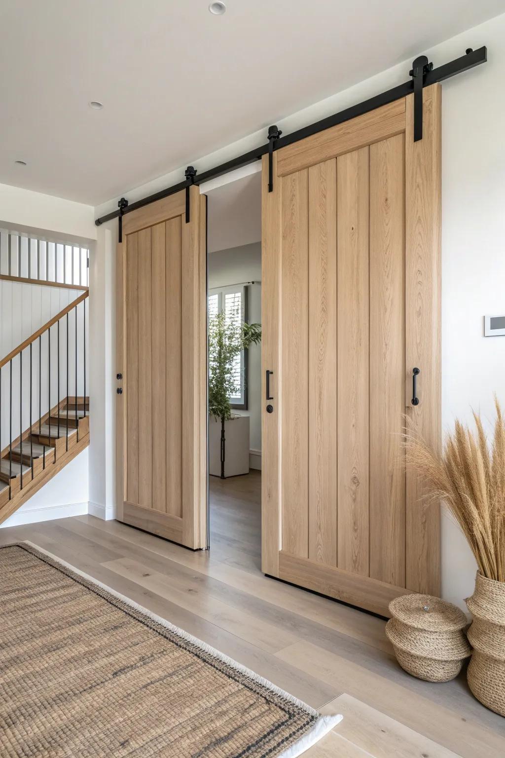 Double oak barn doors with a bold header turn a basement opening into a clean focal point.