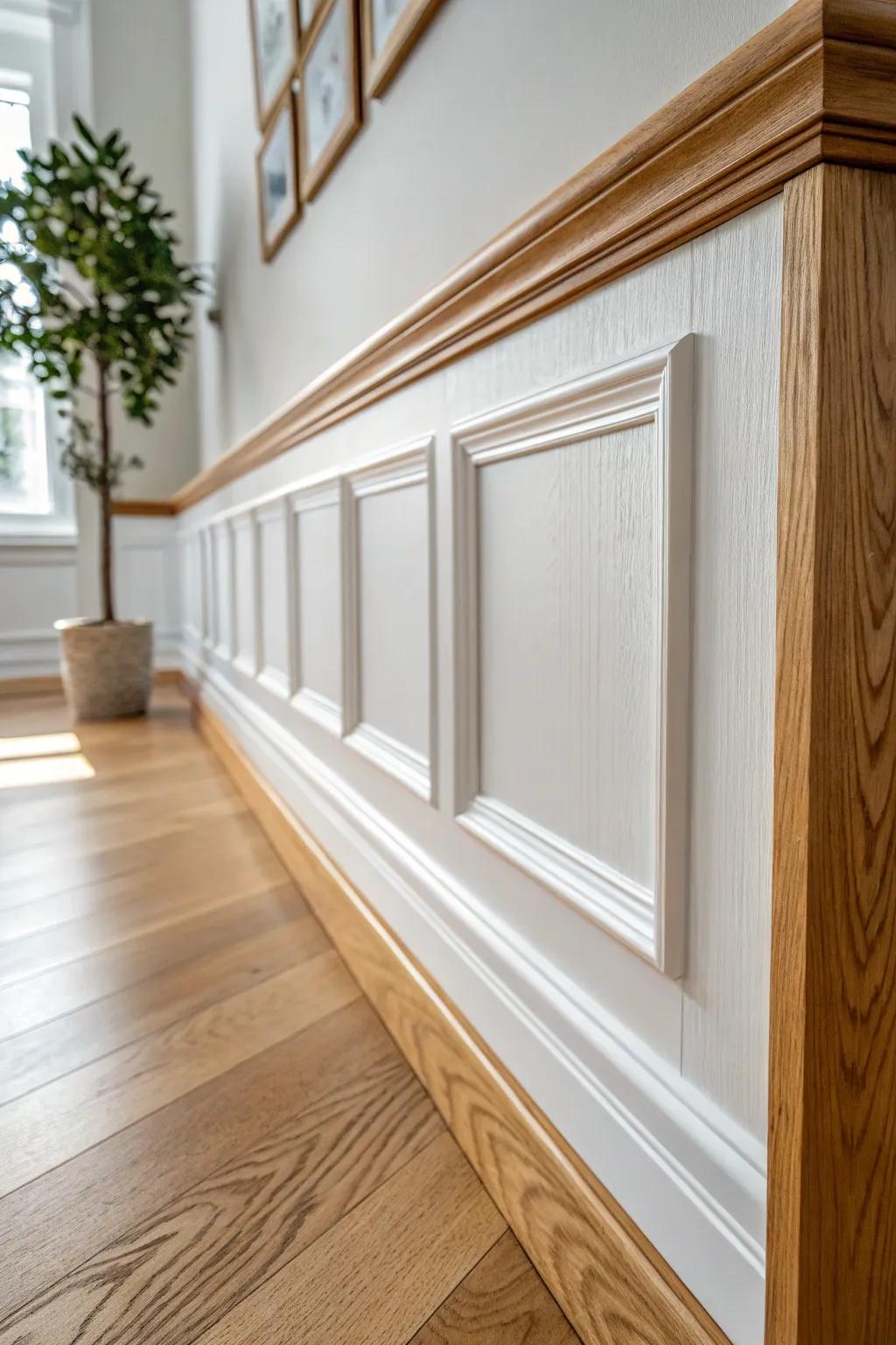 Warm oak chair rail with boxed panels—simple colonial symmetry with modern Scandinavian calm.