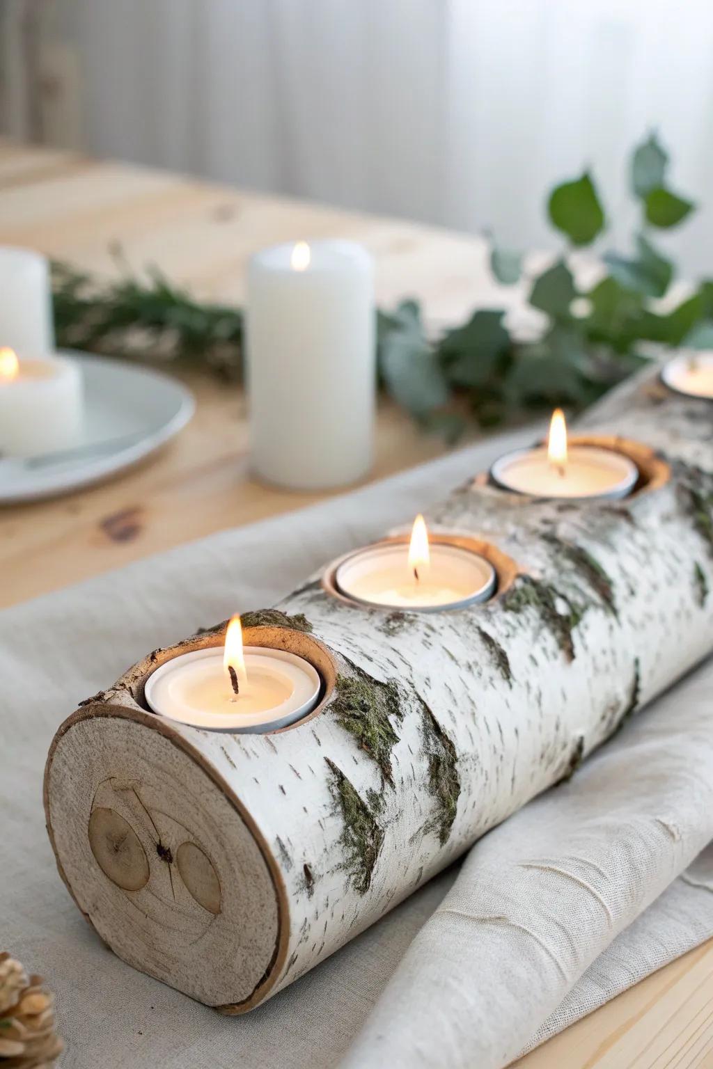Birch branch candleholder log—simple drilled tea lights for warm, woodland glow.