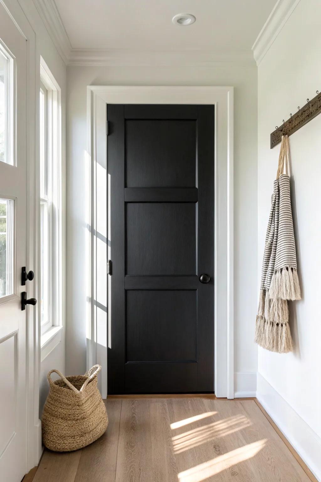 Matte black paneled door with crisp white trim—clean contrast that makes doors feel custom.