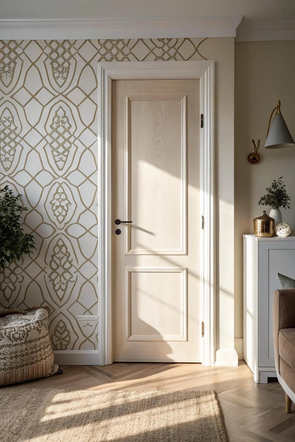 Tone-on-tone stenciling transforms a plain interior door into soft, handcrafted texture.