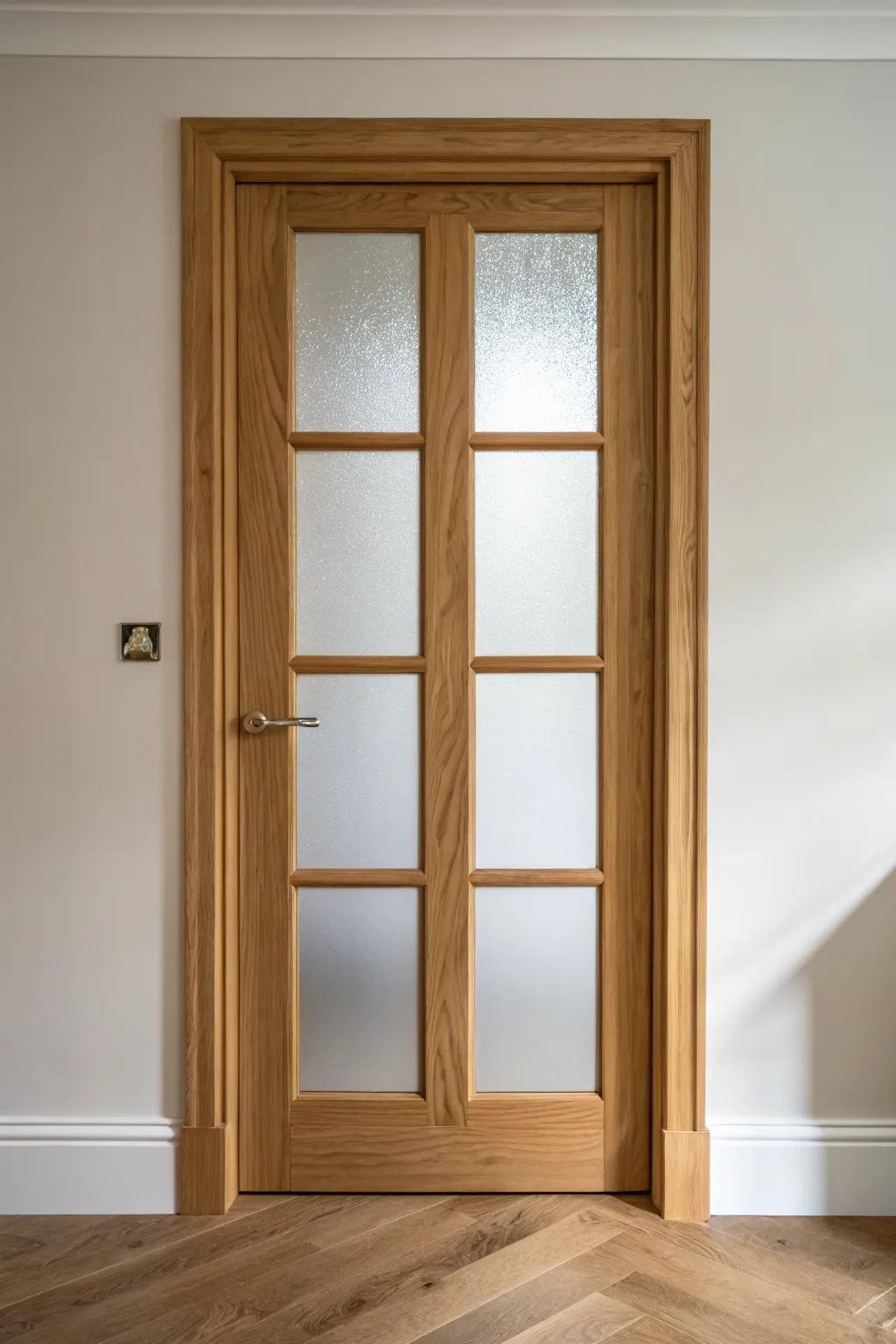 Soft privacy, bright rooms: frosted-glass French doors in warm oak with clean, crisp lines.
