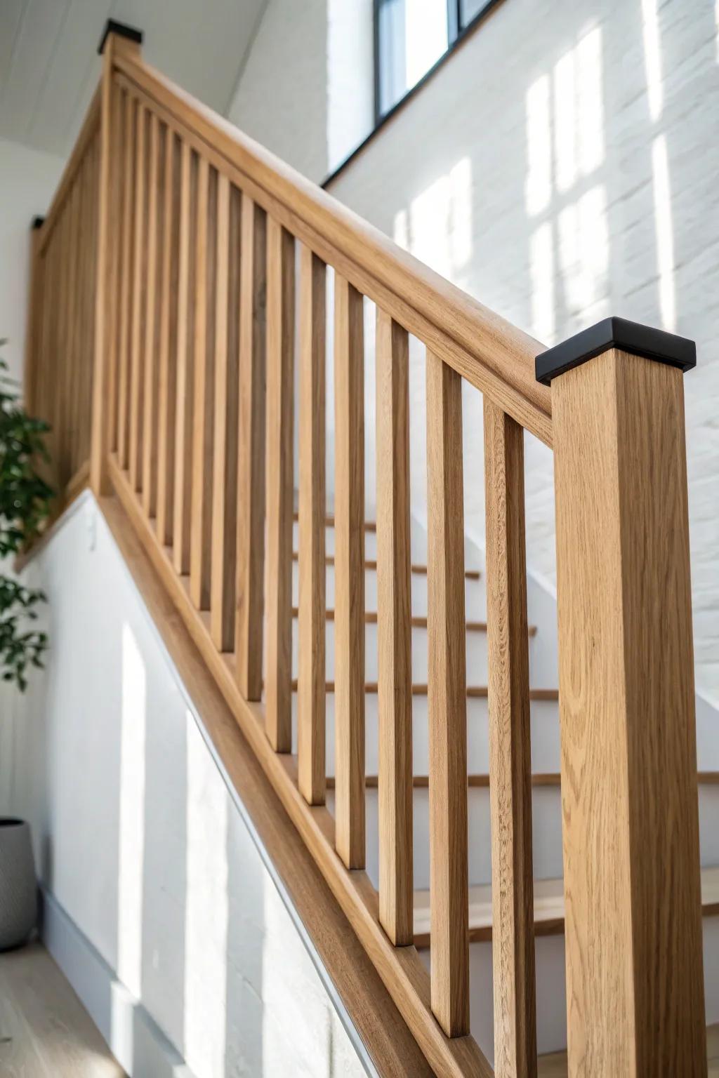 Modern oak slat railing with clean lines, warm grain, and beautiful light-and-shadow contrast.