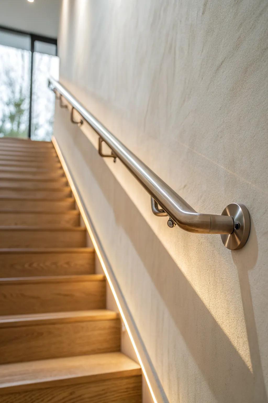A sleek brushed-metal rail that blends in beautifully—clean, modern, and quietly elegant.