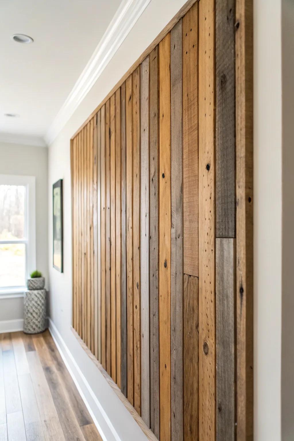 Reclaimed wood slats with mixed tones add rustic texture and warm, collected character.