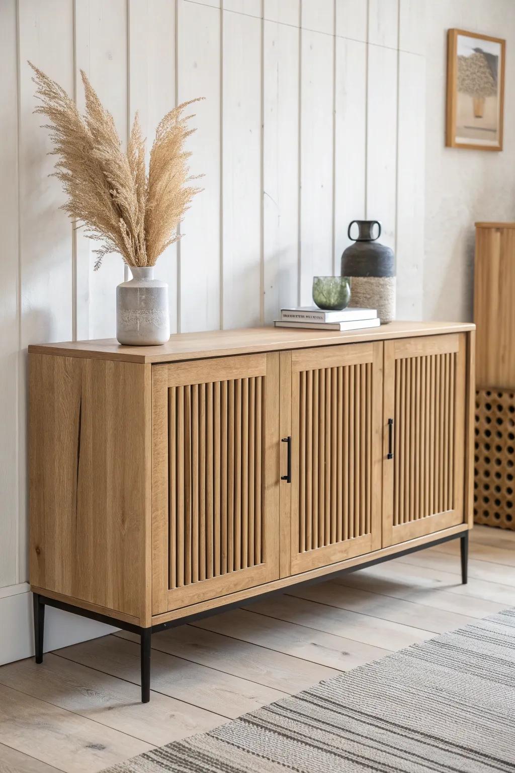 A calm slatted oak sideboard adds Japandi texture while keeping dining storage quietly hidden.