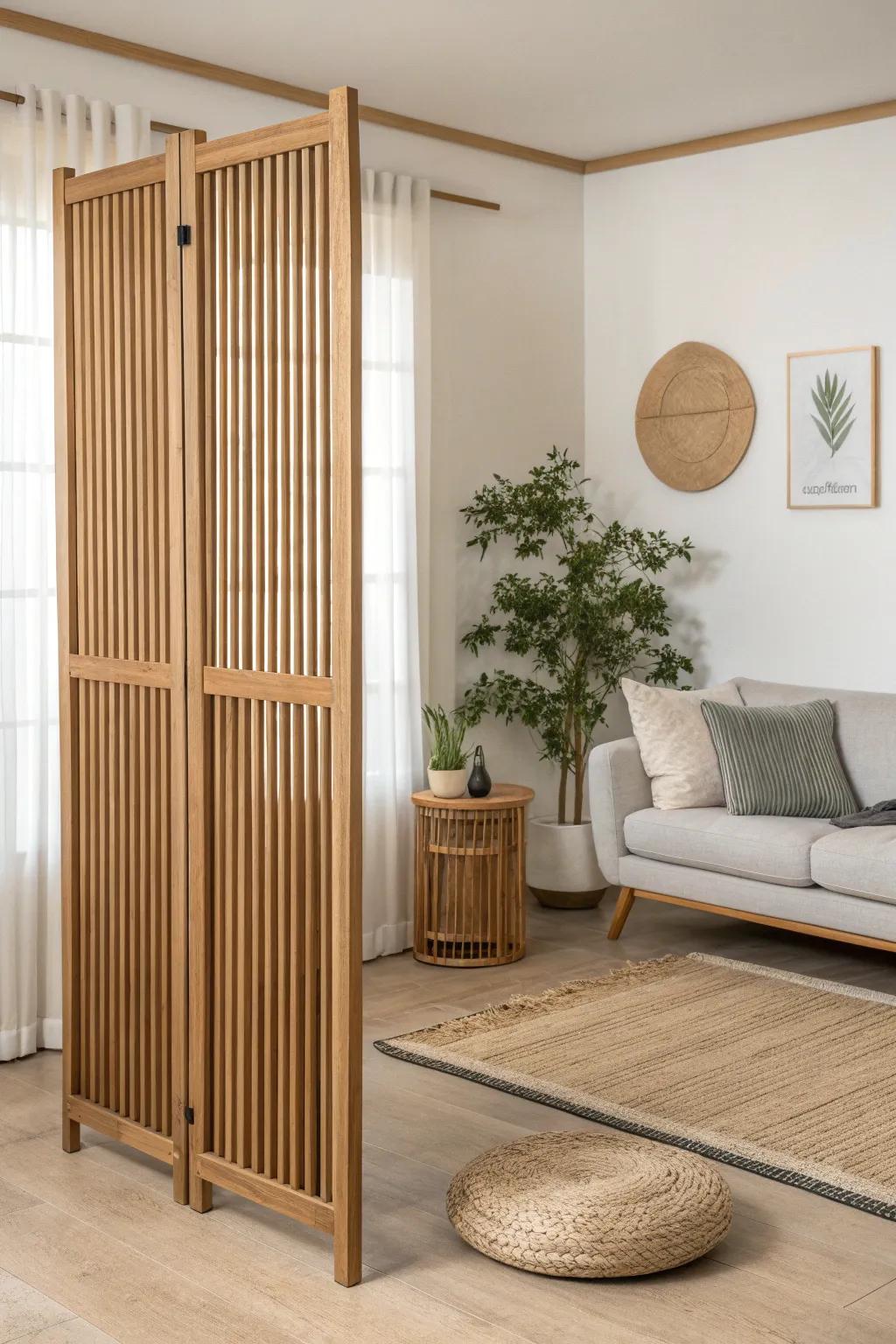Light oak slat divider with crisp shadow lines—Japanese modern rhythm in a calm, airy room.
