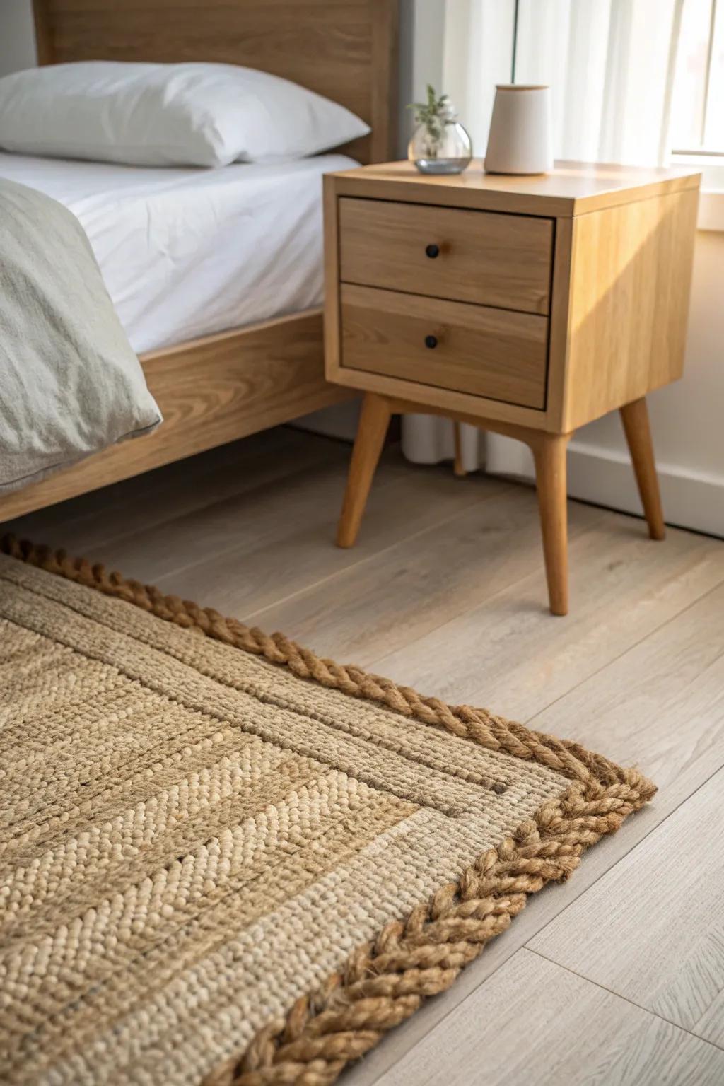 Anchor both nightstands by placing their front legs on the jute rug for a cohesive look.