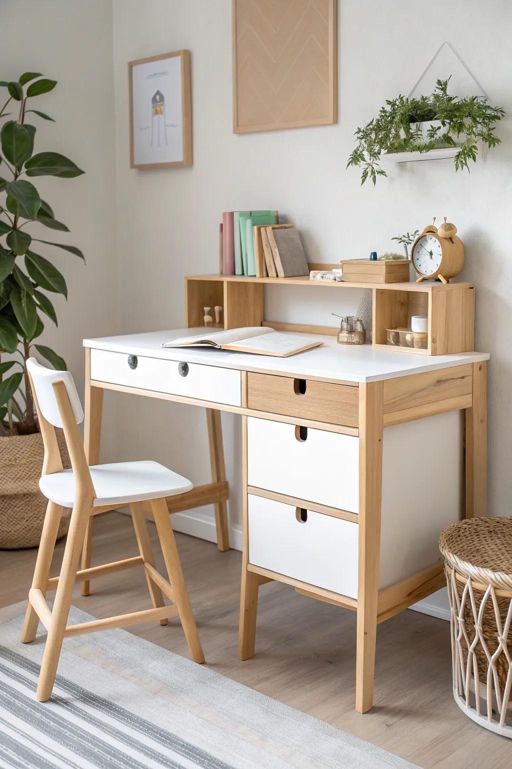 Elevate your child's study space with this chic cabinet-supported desk, blending minimalist design with practical storage.