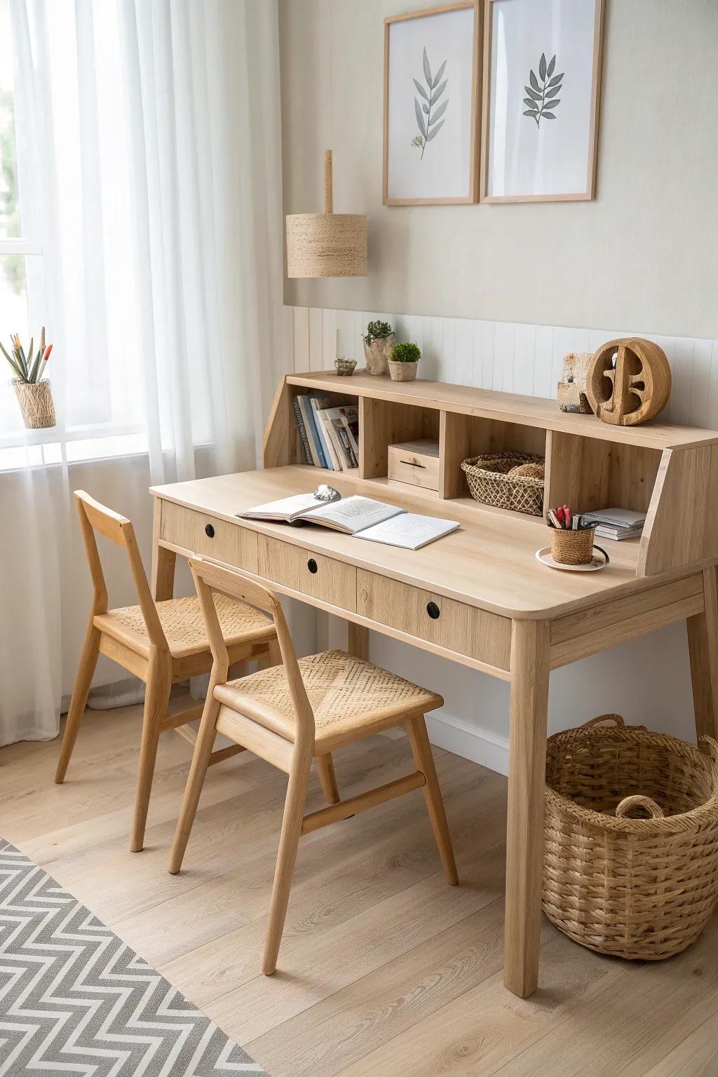 A calm two-seat oak study desk with a simple divider—siblings share space without the squabbles.