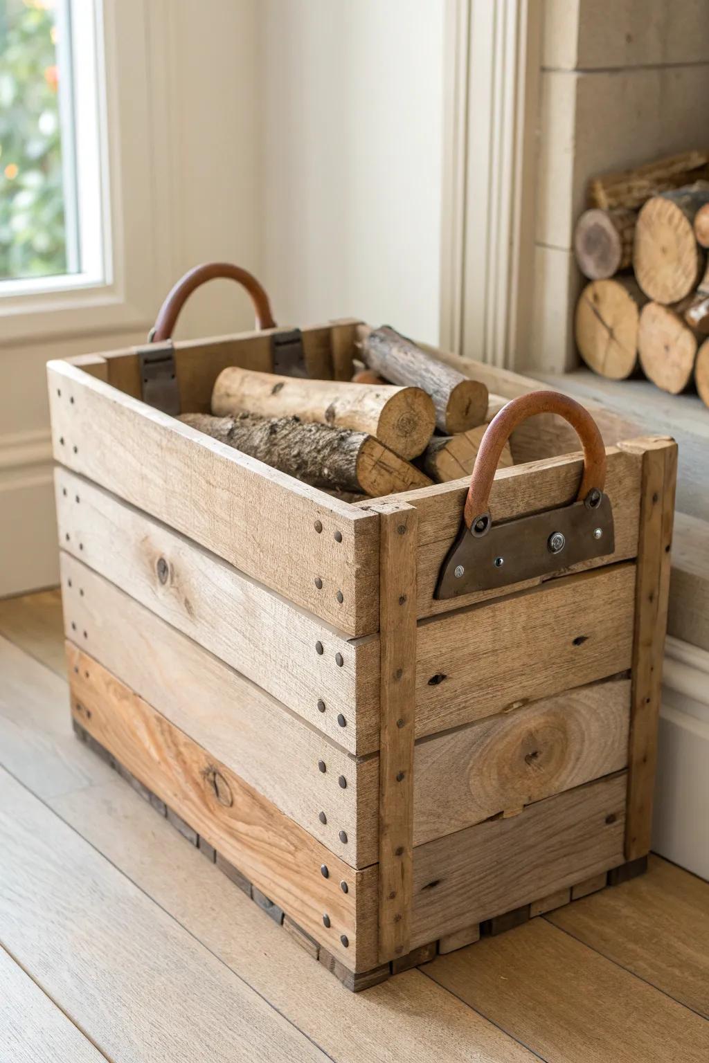 Reclaimed-wood kindling box with weathered grain, nail holes, and a simple leather handle.