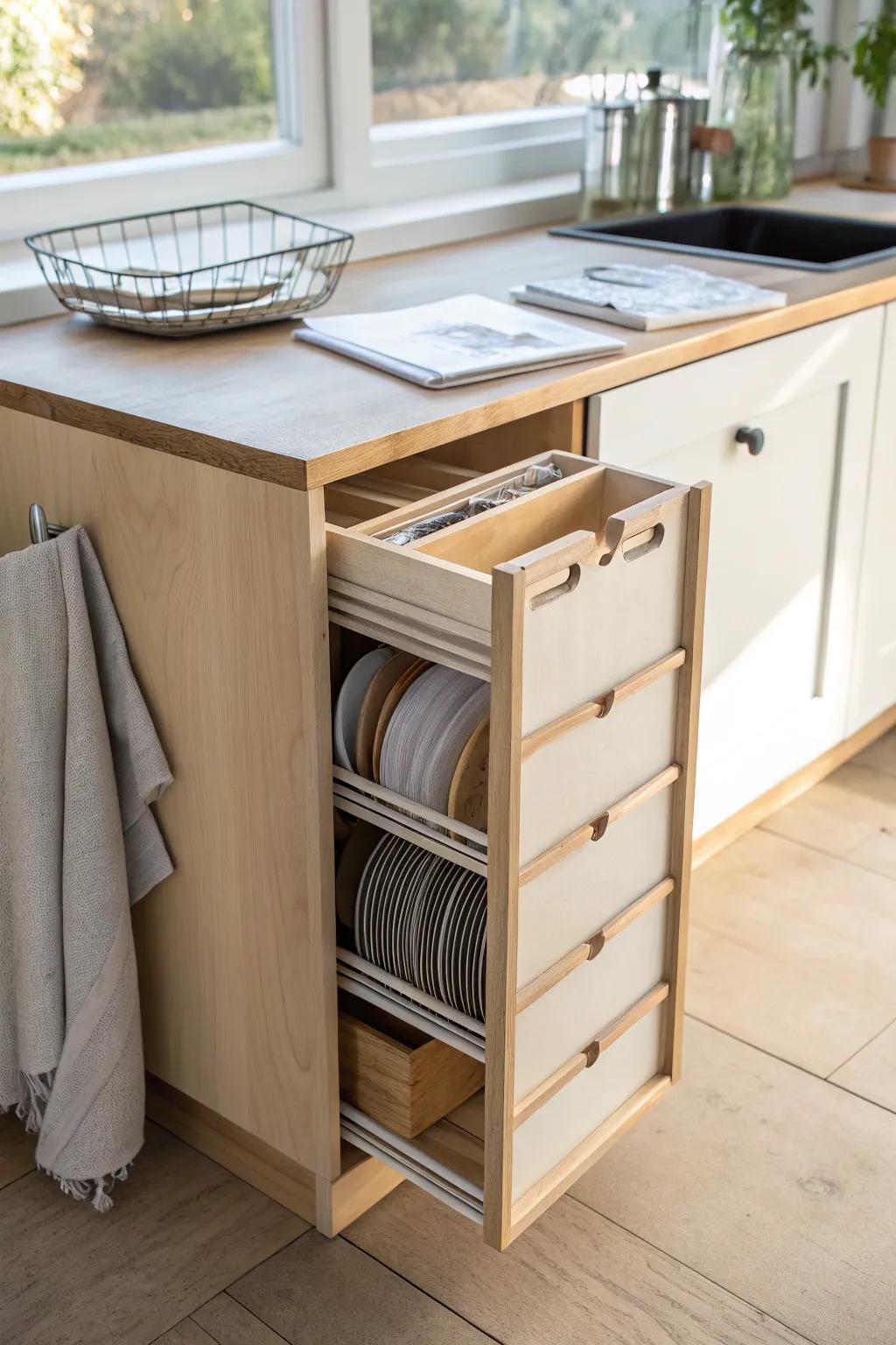 Vertical plywood dividers keep sheets and racks upright, quiet, and beautifully organized.