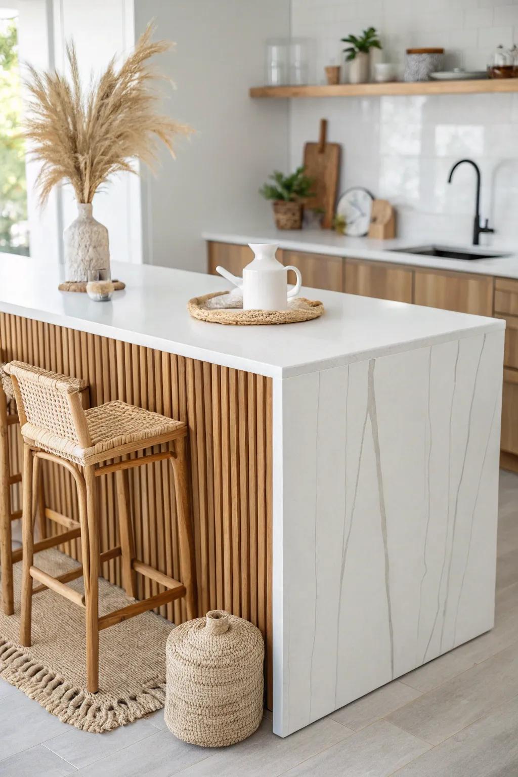 A crisp quartz waterfall edge paired with a warm oak base for a sleek, inviting island.