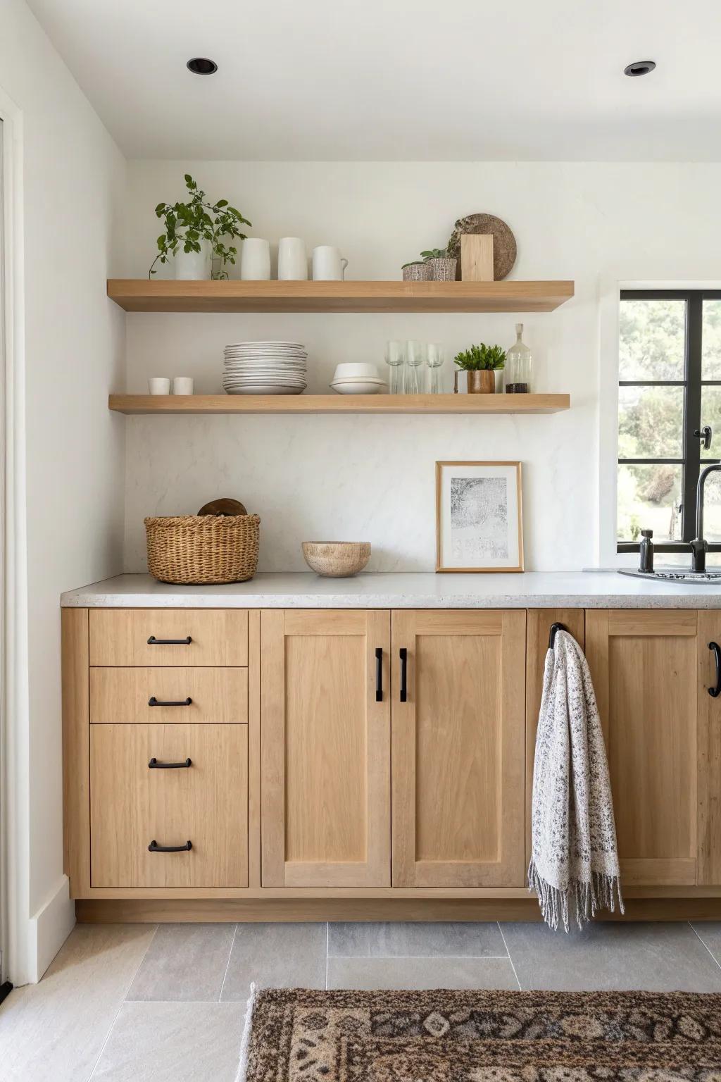 Airy open shelves above sleek wood base cabinets—minimal, practical, and beautifully curated.