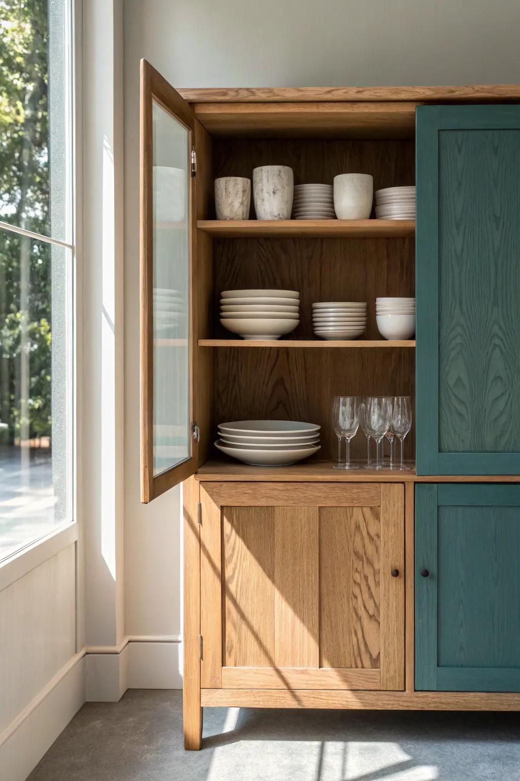 Paint the cabinet back panel for instant depth—ceramics and glass pop against rich color.