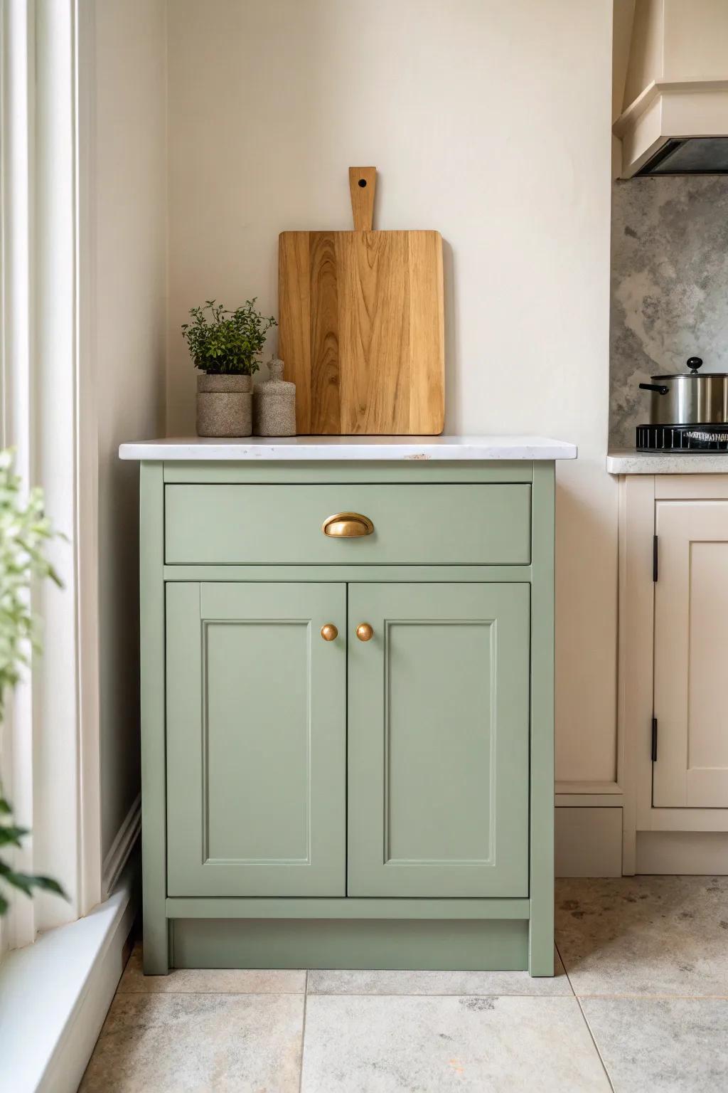 Sage green Shaker cabinets meet light quartz and warm wood for a fresh, timeless look.