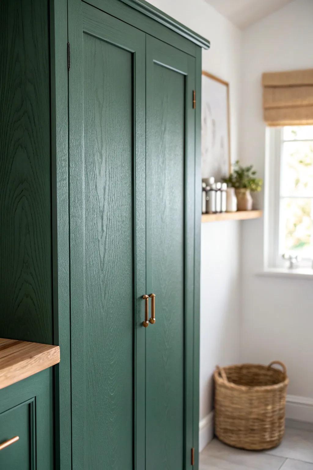 Deep forest green cabinets bring moody warmth and hide everyday scuffs beautifully.