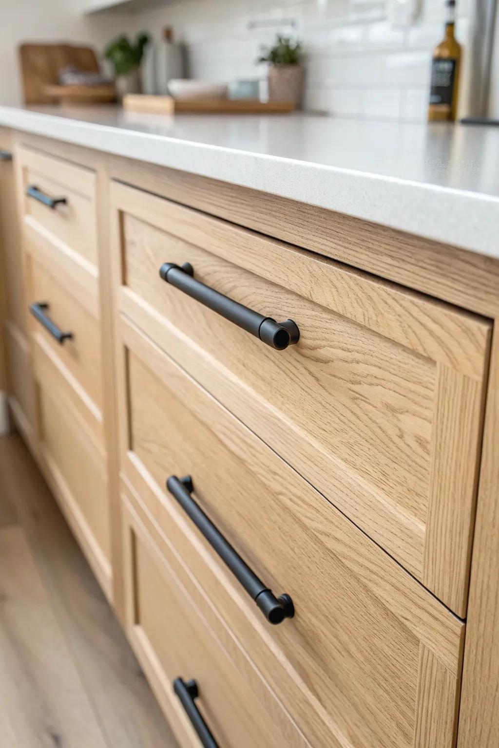 Long bar pulls keep wide pantry drawers steady—sleek contrast on light oak, perfectly scaled.