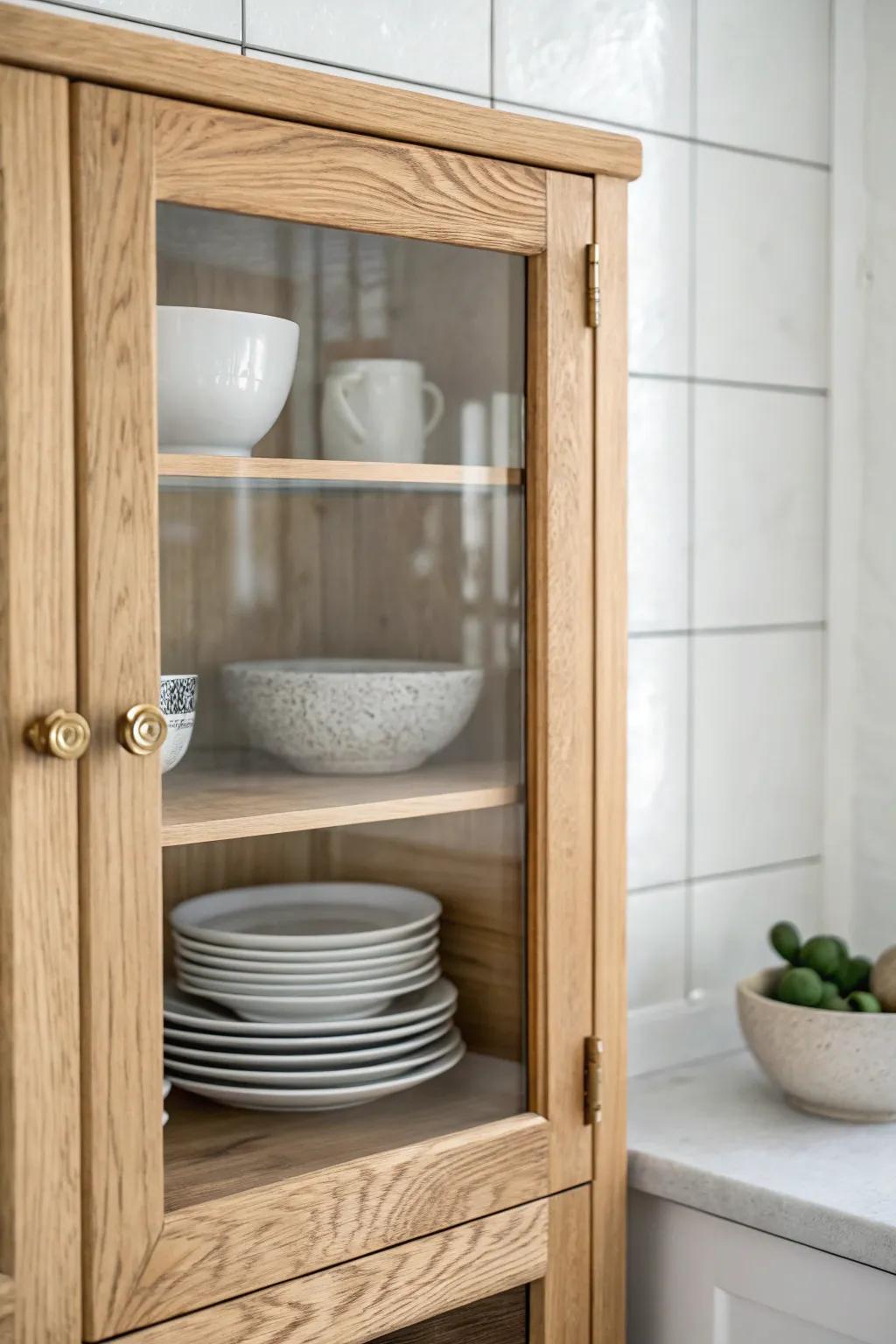 Turn one upper into a glass-front cabinet for an airy, styled look—without losing storage.