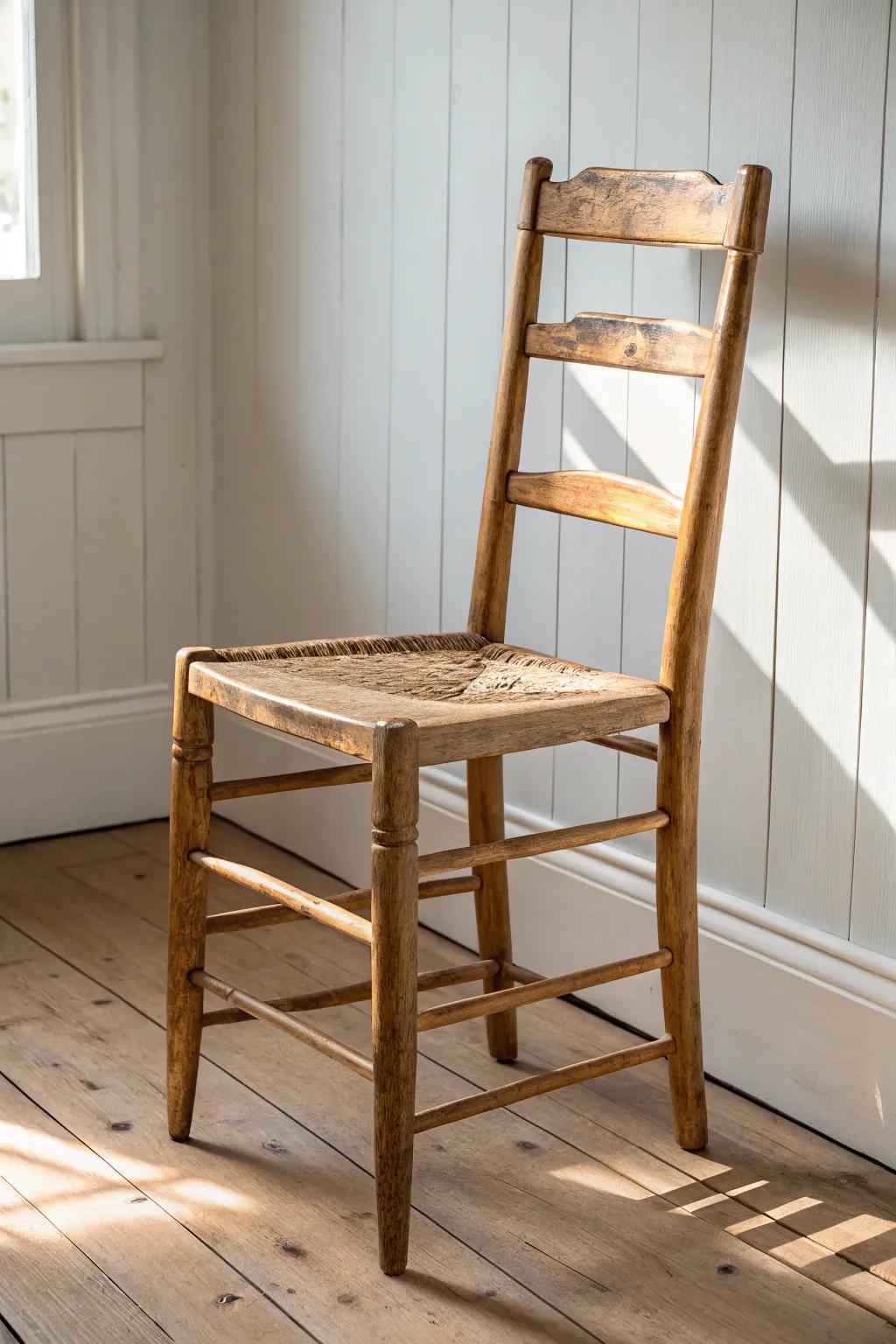 Worn ladder-back charm: rustic texture, warm oil sheen, and that cozy Sunday-morning vibe.