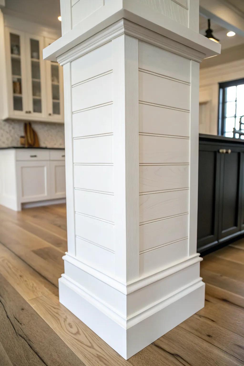 Shiplap-wrapped column magic: simple farmhouse charm that turns a support post into decor.