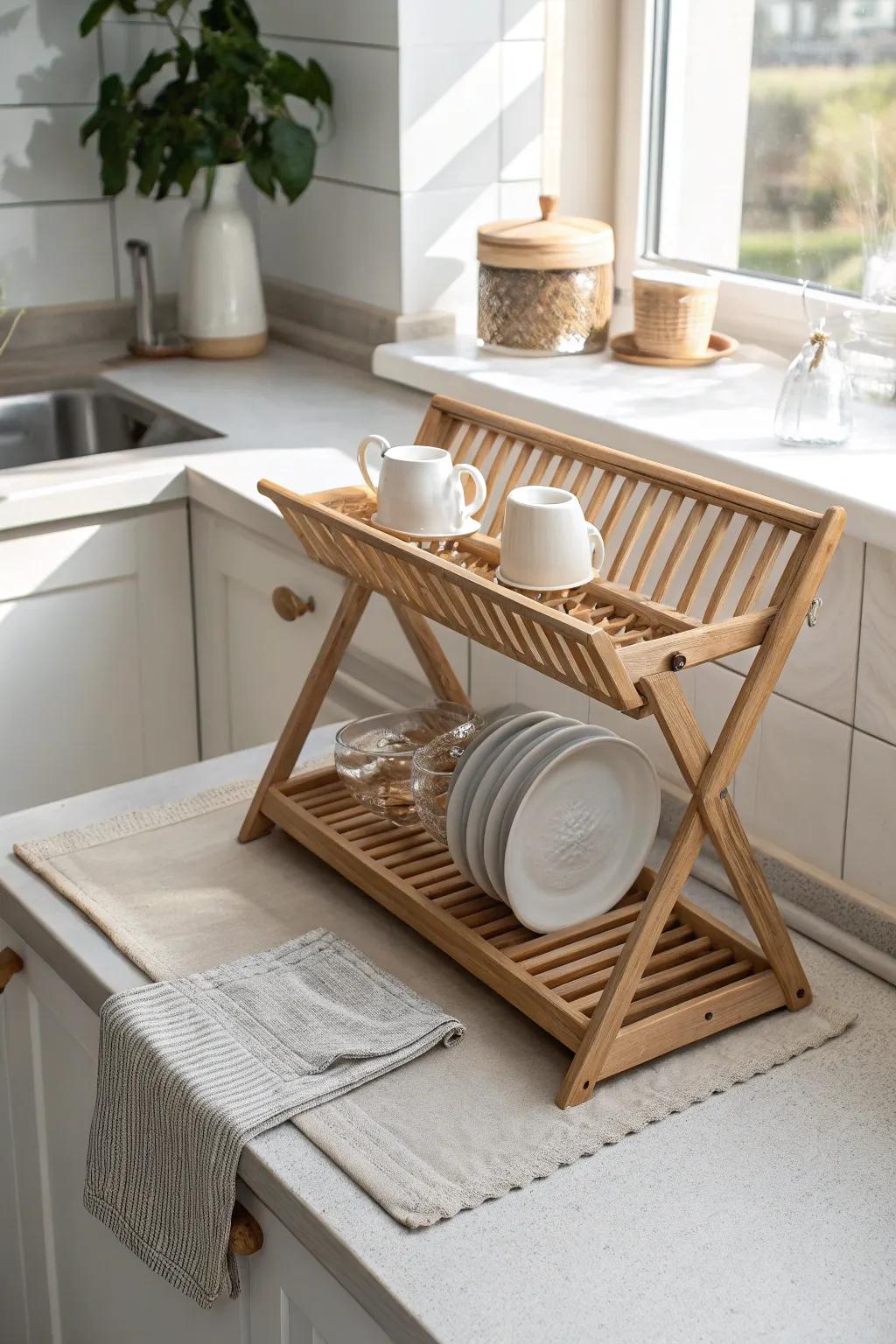 A two-level oak drying shelf that frees counter space—cups above, plates below, always tidy.